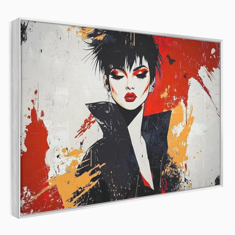 Tablou canvas cu ilustratie digitala cu portret de femeie in stil punk, in rama de aluminiu argintiu